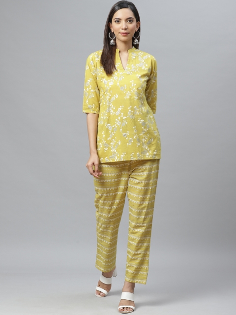 

Ives Women Green & White Printed Kurti with Trousers