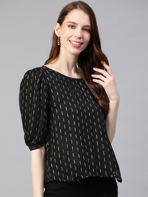 

SCOUP Women Black & Golden Printed Styled Back Top