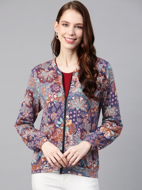 

SCOUP Women Blue Floral Print Bomber Jacket