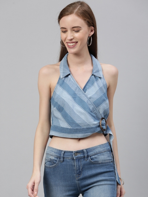 

Vero Moda Women Blue Striped Cropped Wrap Top