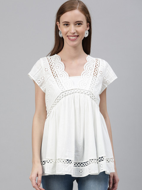 

Vero Moda Women White Self Design Schiffli A-Line Top With Lace Inserts