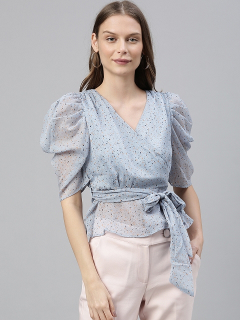 

Vero Moda Women Blue & Beige Printed Wrap Top with Waist Tie-Up Detail