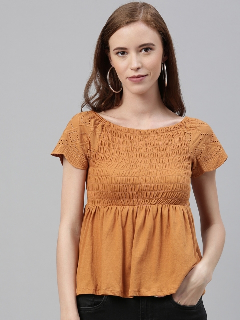 

Vero Moda Women Rust Orange Self Design Smocked A-line Top