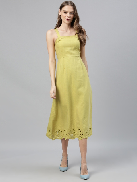 

Vero Moda Women Mustard Yellow Solid Schiffli Fit and Flare Dress With Bow Detailing