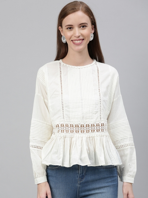 

Vero Moda Women White Solid Schiffli A-Line Pure Cotton Top With Pleated Detailing