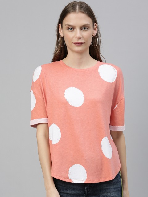 

Vero Moda Women Peach-Coloured & White Printed Round Neck T-shirt