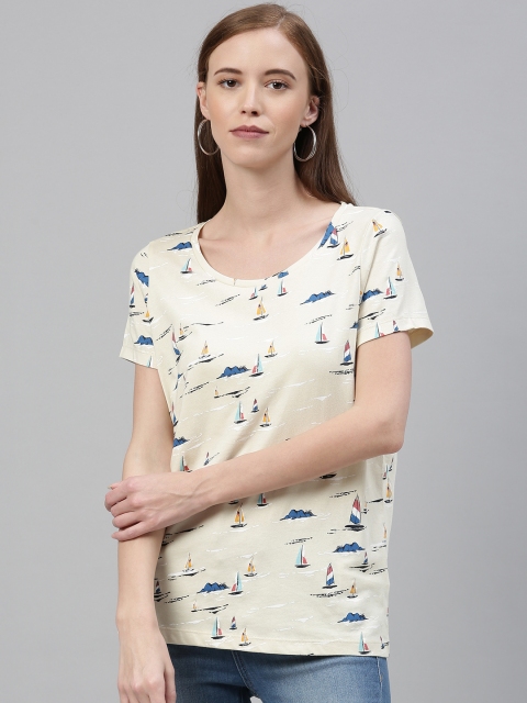 

Vero Moda Women Beige & Blue Printed Round Neck T-shirt