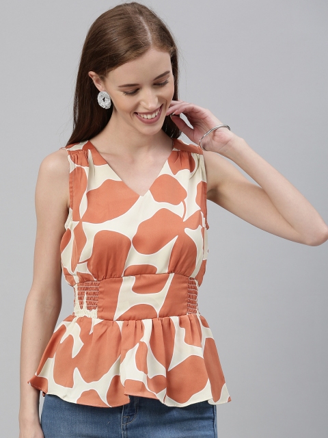 

Vero Moda Women Beige & Orange Floral Printed Smocked Cinched Waist Top