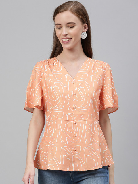

Vero Moda Women Coral Orange & White Printed A-Line Top With Flared Sleeves