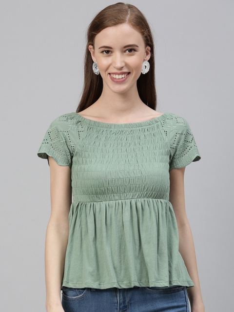 

Vero Moda Women Green Solid Smocked Bardot Top