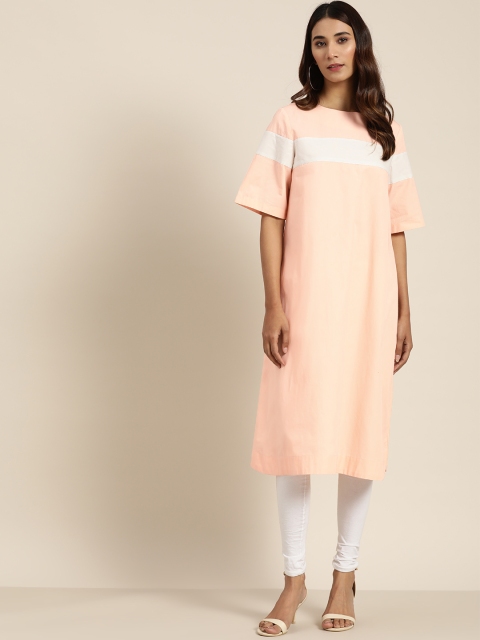 

Moda Rapido Women Peach-Coloured & White Pure Cotton Striped A-Line Kurta