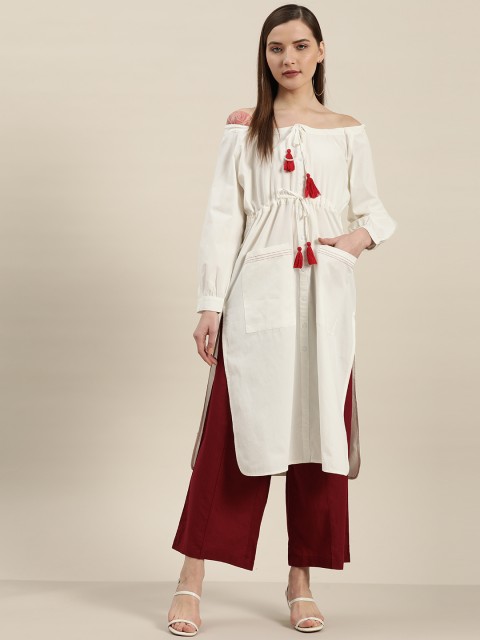 

Moda Rapido Women Off-White Pure Cotton Solid Off-Shoulder Straight Kurta