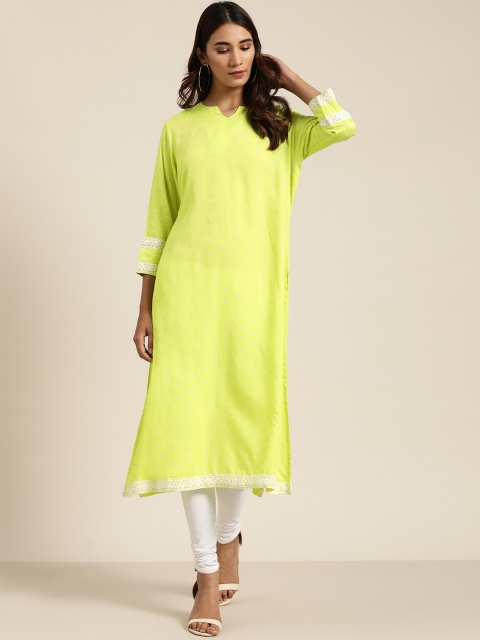 

Moda Rapido Women Fluorescent Green & Off-White Polka Dots Print A-Line Kurta