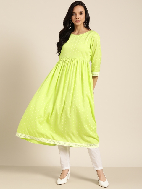 

Moda Rapido Women Fluorescent Green & Beige Polka Dot Printed A-Line Kurta