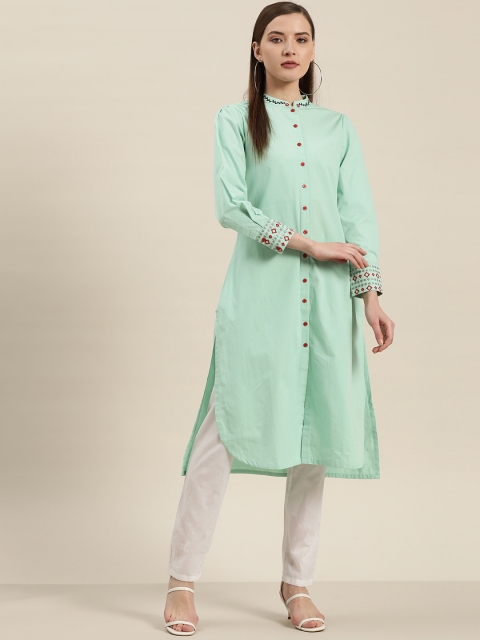 

Moda Rapido Women Sea Green Pure Cotton Solid High-Low Straight Kurta