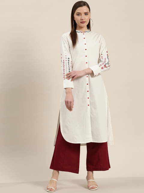 

Moda Rapido Women Off-White Pure Cotton Solid High-Low Straight Kurta