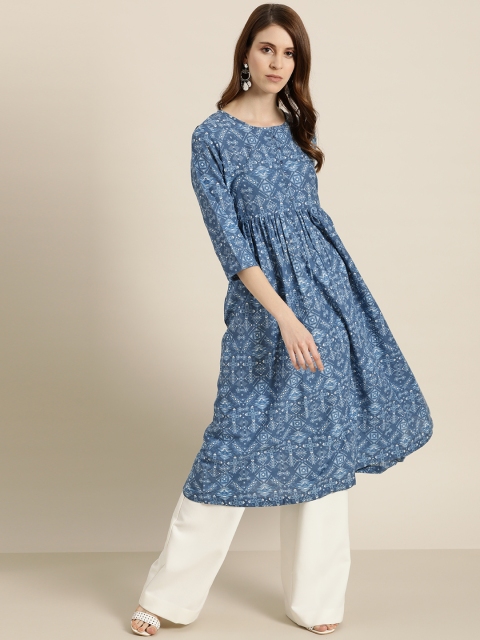 

Moda Rapido Women Blue & White Geometric Print Pure Cotton A-Line Kurta