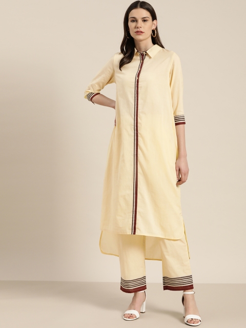 

Moda Rapido Women Cream-Coloured Pure Cotton Solid High-Low Kurta with Palazzos