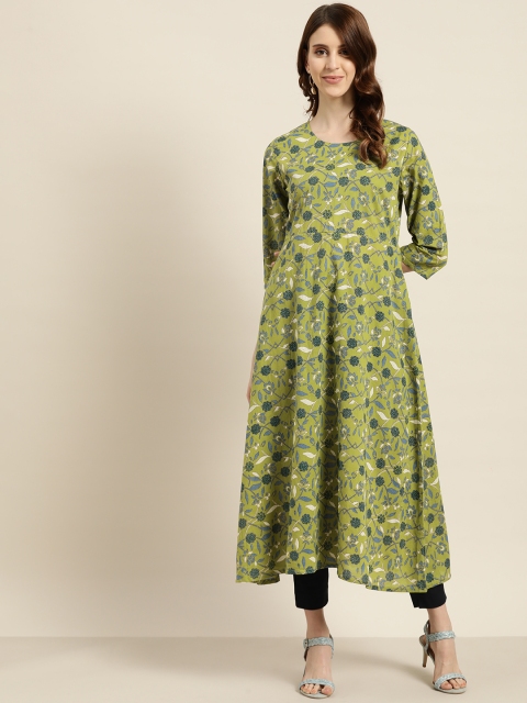

Moda Rapido Women Green & Blue Pure Cotton Printed A-Line Kurta