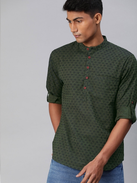 

SALWAR STUDIO Men Olive Green & Navy Blue Striped Straight Handloom Kurta