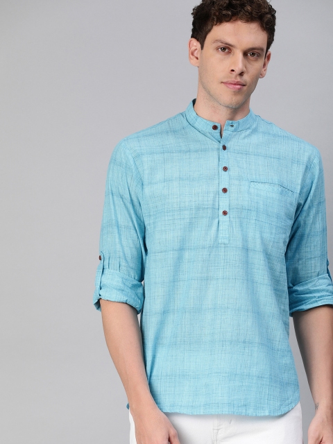 

SALWAR STUDIO Men Blue Solid Straight Handloom Kurta