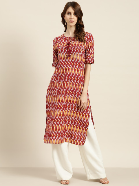 

Moda Rapido Women Maroon & White Pure Cotton Printed Straight Kurta