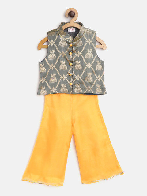 

pspeaches Girls Charcoal Grey & Yellow Brocade Top with Palazzos