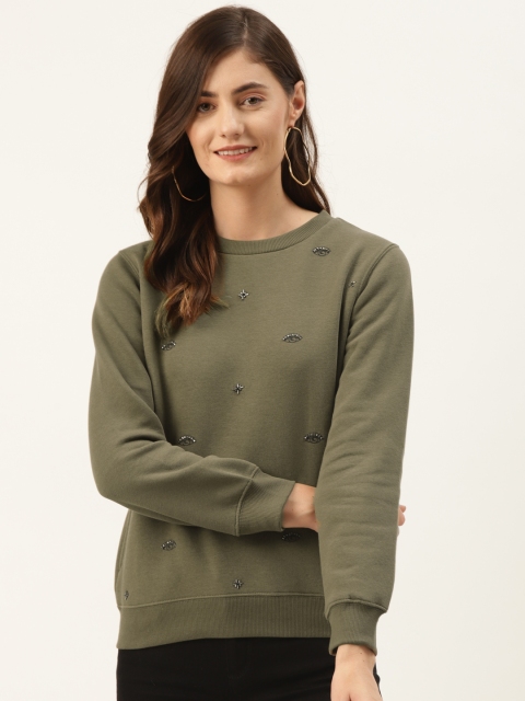 

Madame Women Olive Green Embellished Sweatshirt