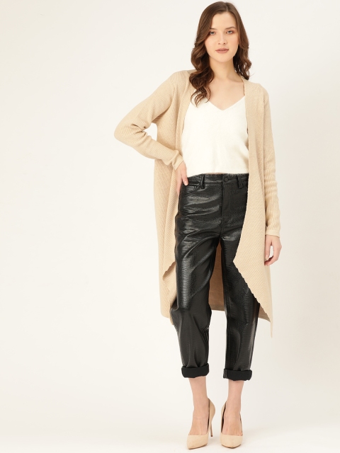 

Madame Women Beige Ribbed Front-Open Longline Sweater