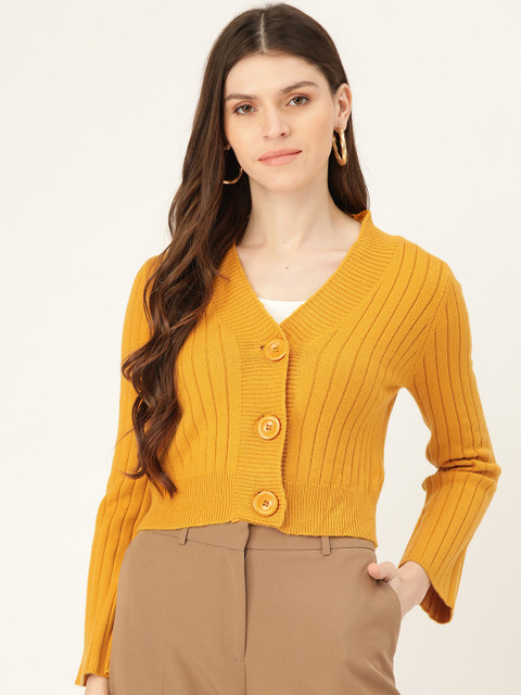 

Madame Women Mustard Yellow Self-Striped Cardigan