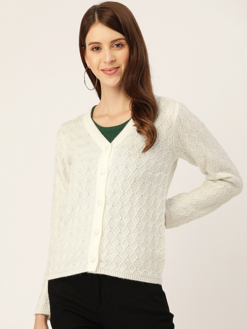

Madame Women Off-White Self Design Cardigan Sweater