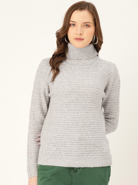 

Madame Women Grey Melange Self-Striped Turtle Neck Pullover Sweater