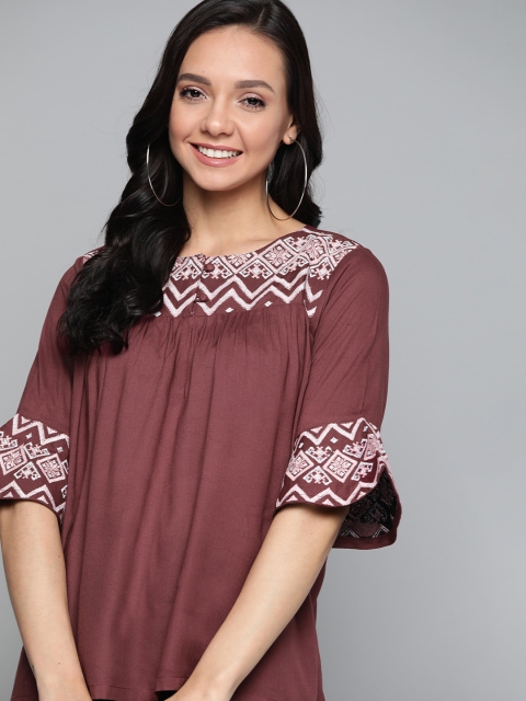 

HERE&NOW Women Burgundy Embroidered Detail A-Line Top