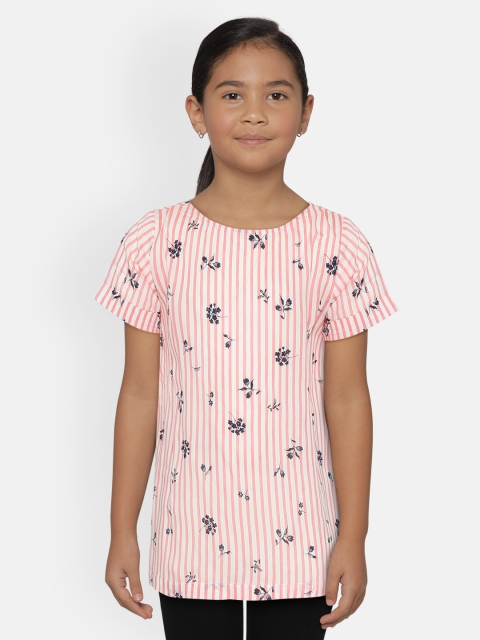 

Gini and Jony Girls Pink & White Striped Floral Print Embellished Styled Back Pure Cotton Top
