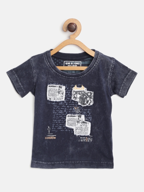 

Gini and Jony Boys Navy Blue Printed Round Neck T-shirt with Applique Detail