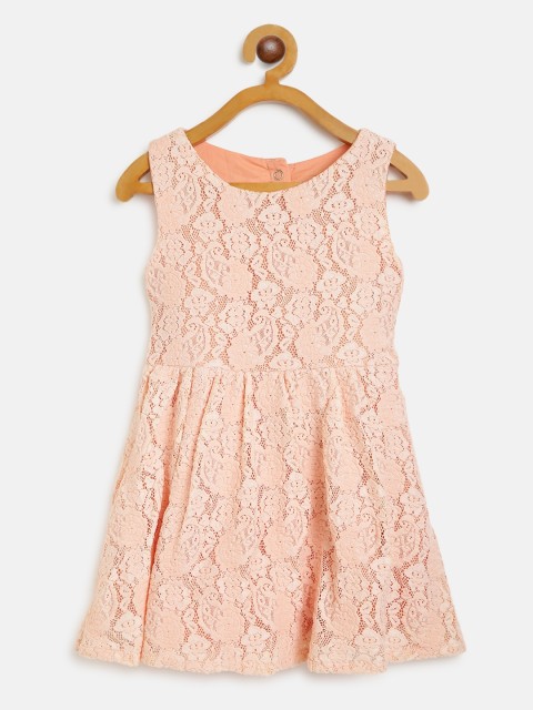 

Gini and Jony Girls Peach-Coloured Floral Lace Fit and Flare Dress