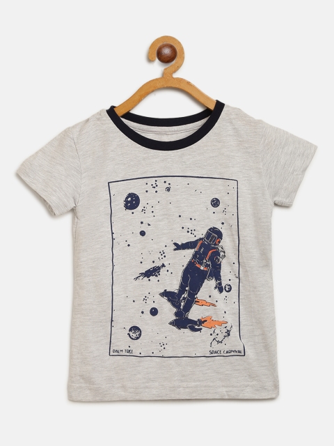 

Palm Tree Boys Grey Melange & Navy Printed Round Neck T-shirt
