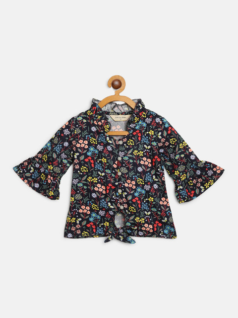 

Gini and Jony Girls Navy Blue & Red Floral Print Shirt Style Top with Tie-Ups