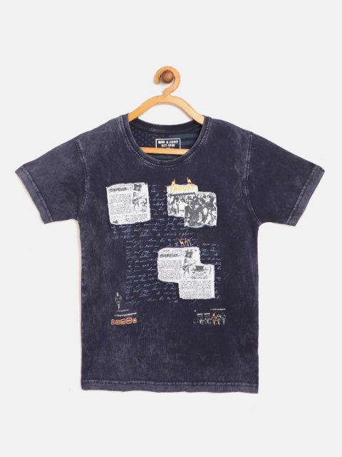 

Gini and Jony Boys Navy Blue & White Typography Printed Pure Cotton Round Neck T-shirt