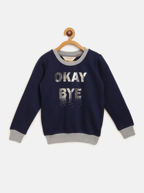 

Gini and Jony Girls Navy Blue & Silver Typography Printed Sweatshirt