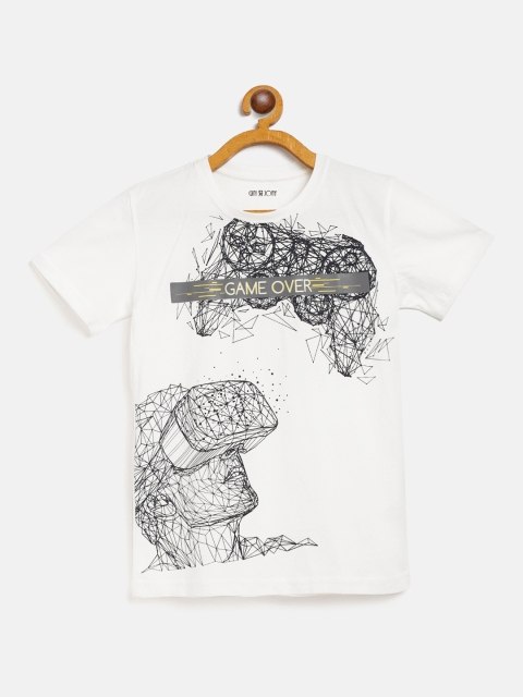 

Gini and Jony Boys White Black Geometric Print Round Neck Pure Cotton T-shirt