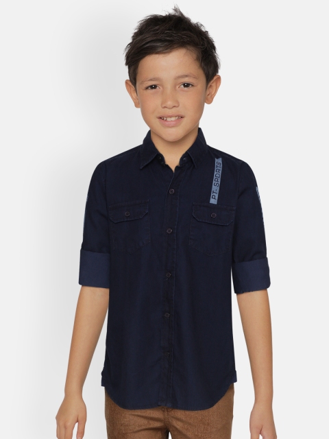 

Palm Tree Boys Navy Blue Printed Shirt with Brand Logo Print At Back