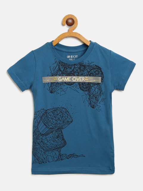 

Gini and Jony Boys Blue Black Graphic Print Round Neck Pure Cotton T-shirt