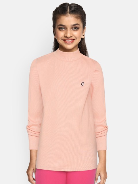 

Gini and Jony Girls Pink Ribbed High Neck Pure Cotton T-shirt
