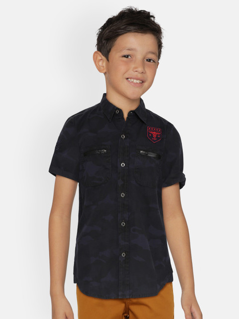 

Palm Tree Boys Navy Blue & Black Regular Fit Camouflage Print Casual Shirt
