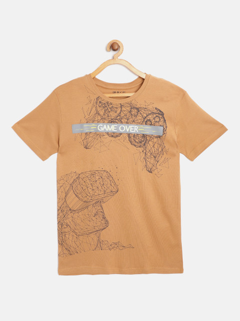 

Gini and Jony Boys Mustard Brown & Black Graphic Print Pure Cotton Round Neck T-shirt