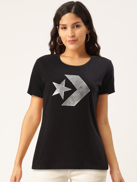 

Converse Women Black Brand Logo Printed Round Neck Pure Cotton T-shirt