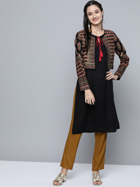 

HERE&NOW Women Black Solid Straight Kurta With Ethnic Jacket