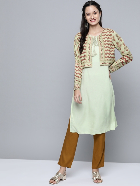 

HERE&NOW Women Sea Green & Rust Brown Solid Straight Kurta With Ethnic Jacket