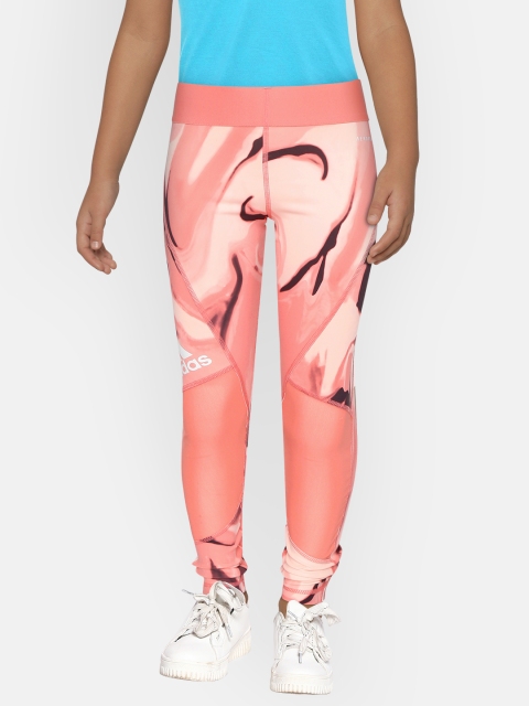 

ADIDAS Girls Coral Orange & Burgundy Alphaskin Aeroready Fitted Printed Training Tights